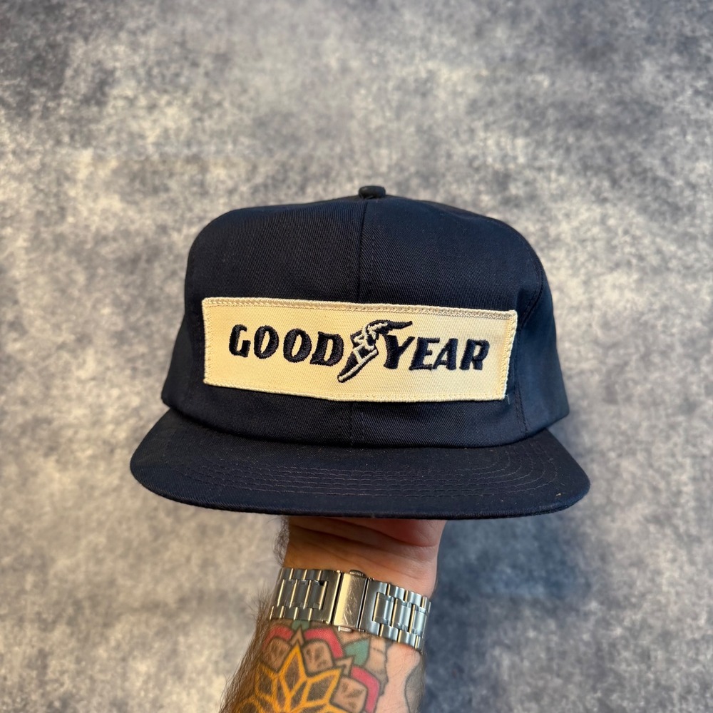 Vintage Goodyear Tires Hat Snapback Cap Navy Blue Patch NOS Deadstock 70s 80s